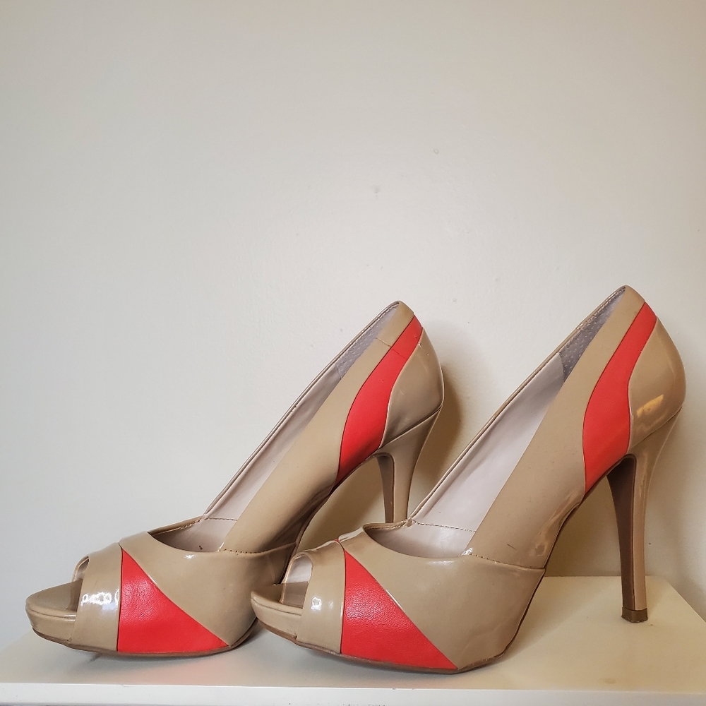 Orange and Tan Peep Toe Heels